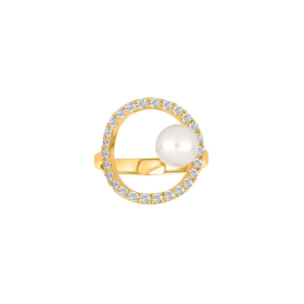 Siersb�l 8kt. Guldring Cirkel m/Ferskvandsperle &amp; Zirkonia 10420160300