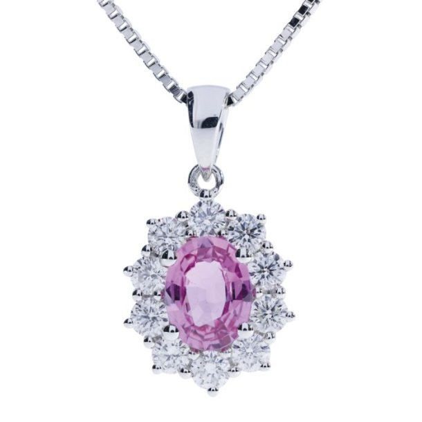 14Kt Hvidguldsvedhng m/1,45ct Pink Safir + 0,88ct Diamanter + Kde