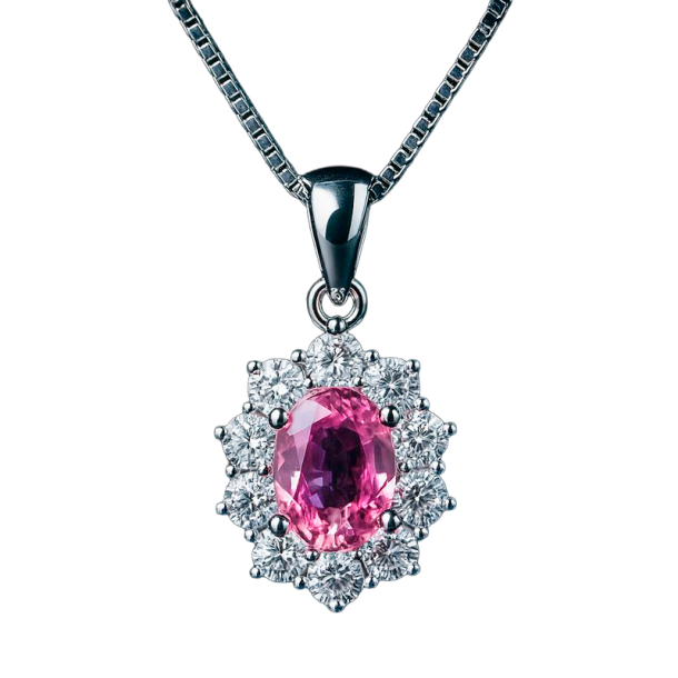14Kt Hvidguldsvedh�ng m/1,45ct Pink Safir + 0,88ct Diamanter + K�de