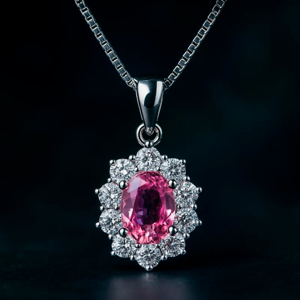 14Kt Hvidguldsvedh�ng m/1,45ct Pink Safir + 0,88ct Diamanter + K�de