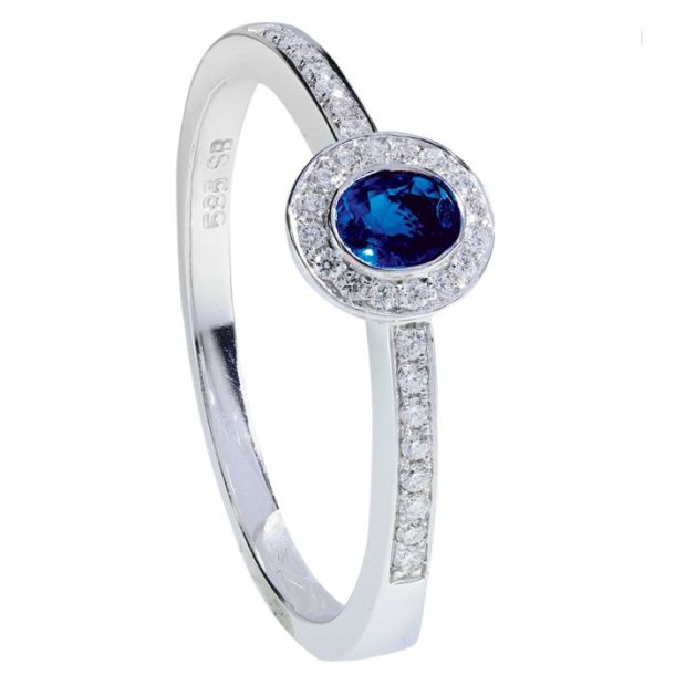 14kt Hvidguldsring m/0.10 ct Diamanter og 0.216ct Safir