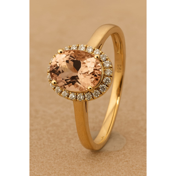 14KT.RING 0,12 W.SI Naturlige Diamanter+PEACH MORGANIT 
