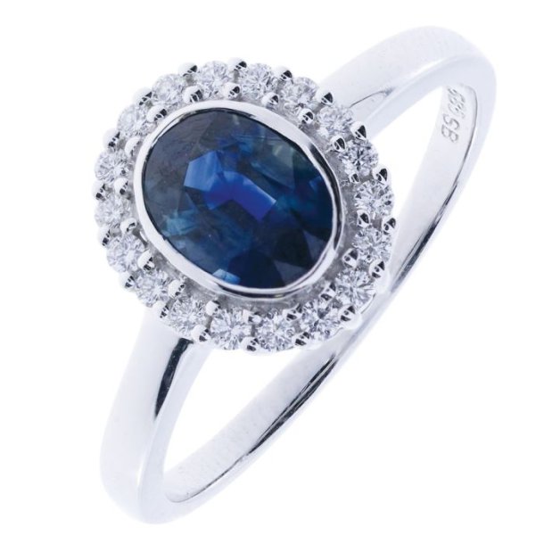 14 Kt Hvidguld Ring m/1.27ct Safir og 0.16ct Diamanter