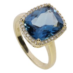 14kt Ring m/0.115ct G/Si Brillanter og 5.85ct London Blue Topas