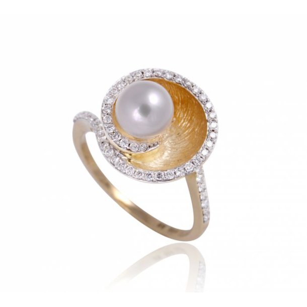 14kt Ring m/Perle og Brillanter str. 56 AIHW-R-24-585